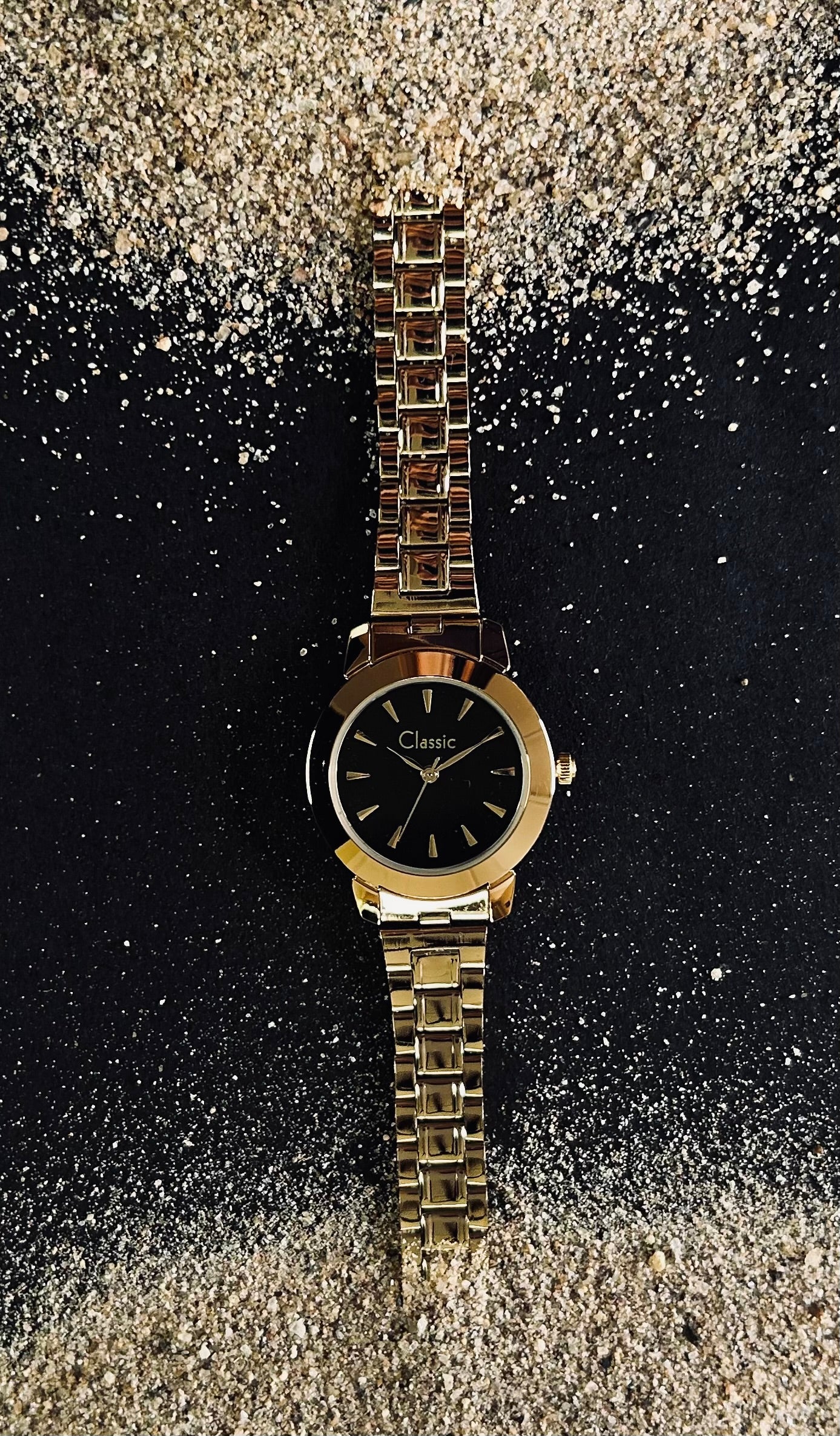 Classic Essentials Quartz Analog Black Dial Yellow Gold Strap Watch for Women