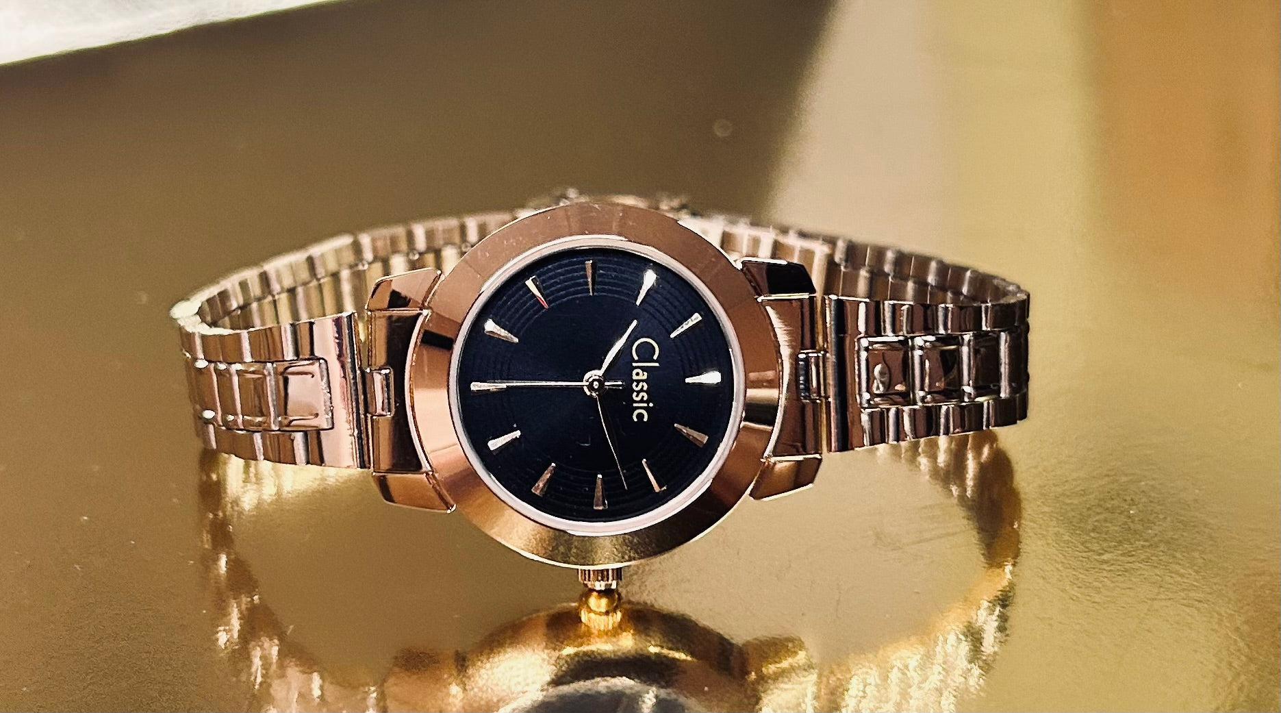 Classic Essentials Quartz Analog Black Dial Yellow Gold Strap Watch for Women