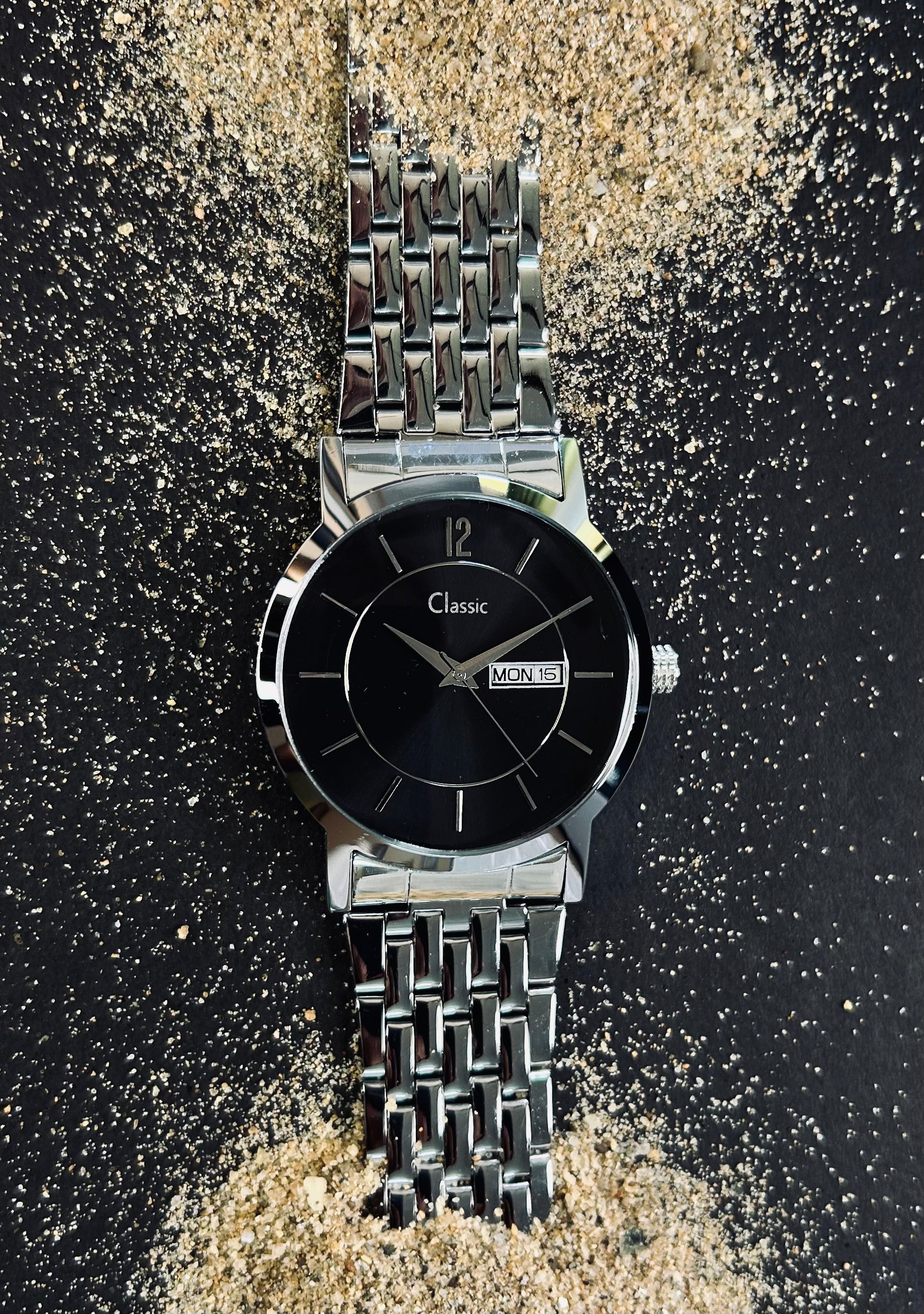Classic Essentials Quartz Analog with Day and Date Black Dial Silver Stainless Steel Strap Watch for Men