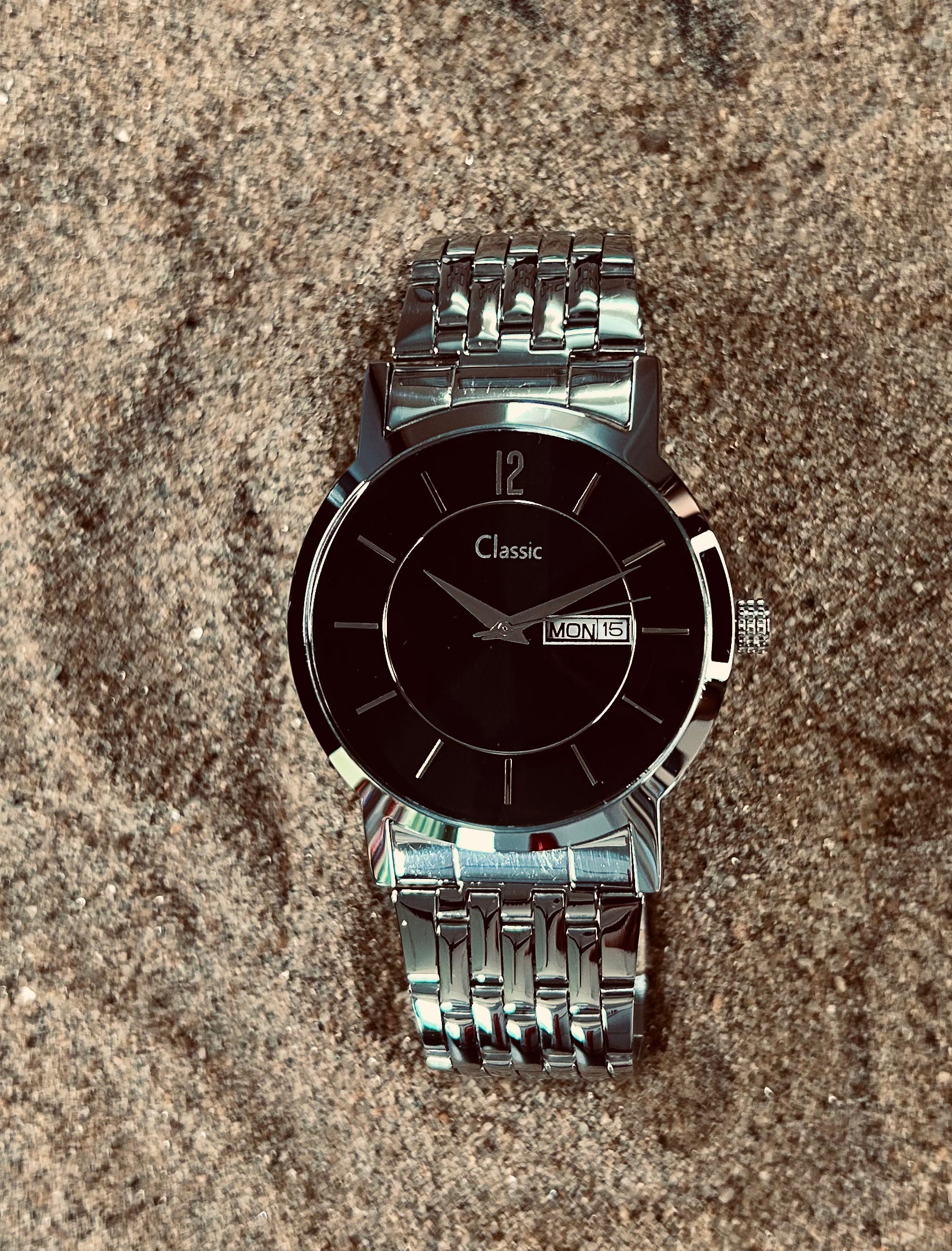 Classic Essentials Quartz Analog with Day and Date Black Dial Silver Stainless Steel Strap Watch for Men