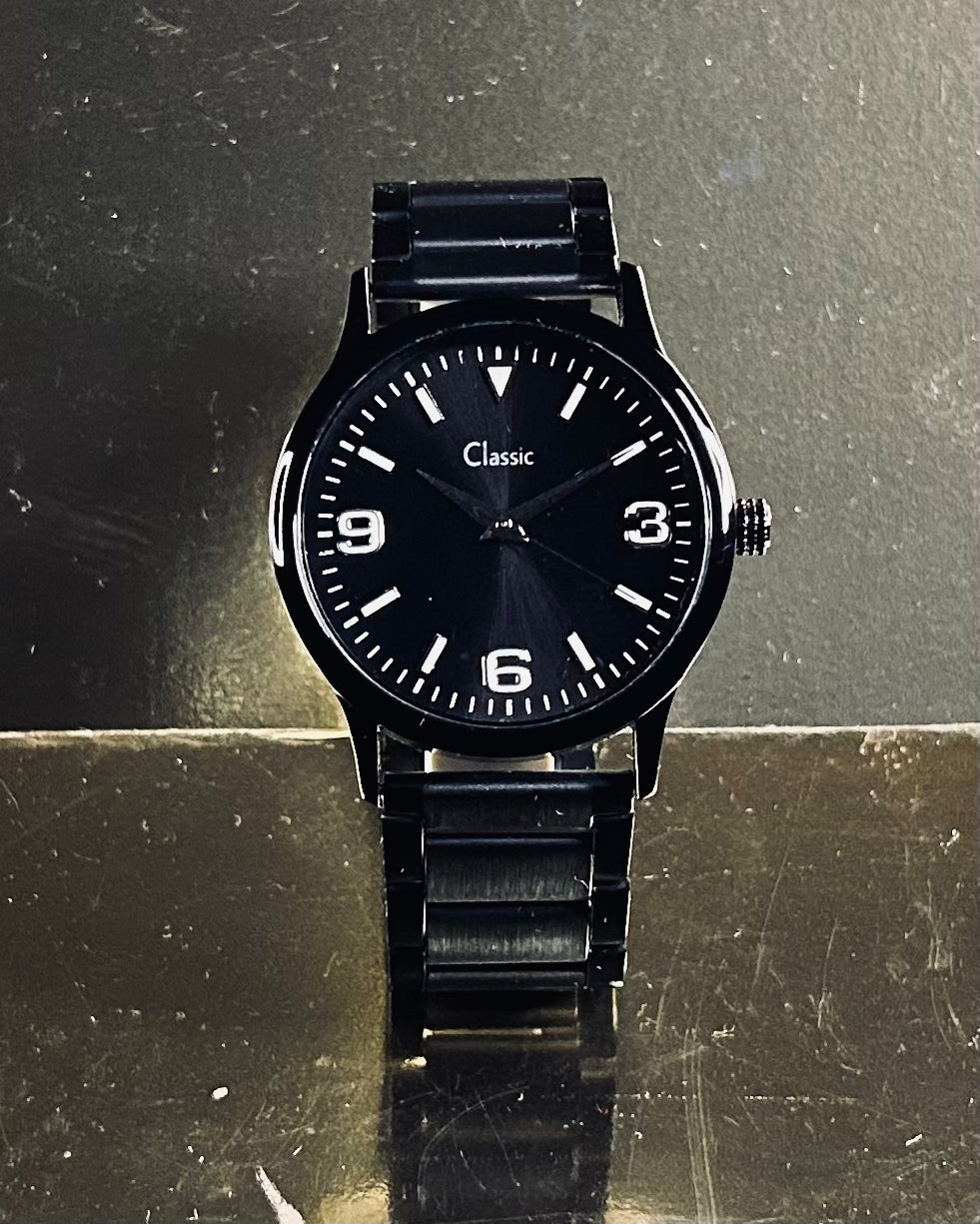 Classic Minimalist Full Black Quartz Analog Black Dial Black Metal Strap Watch for Men