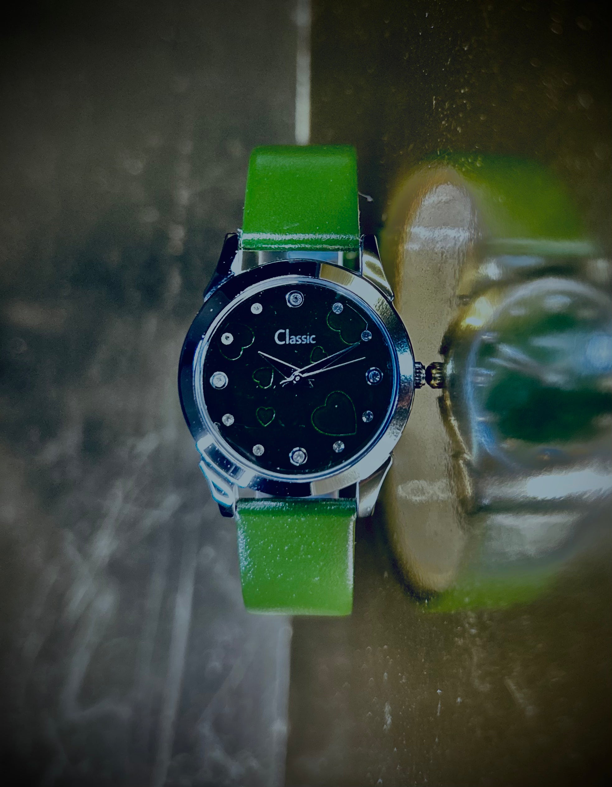 Classic Workwear Studded Green Dial Analog Strap Watch for Women