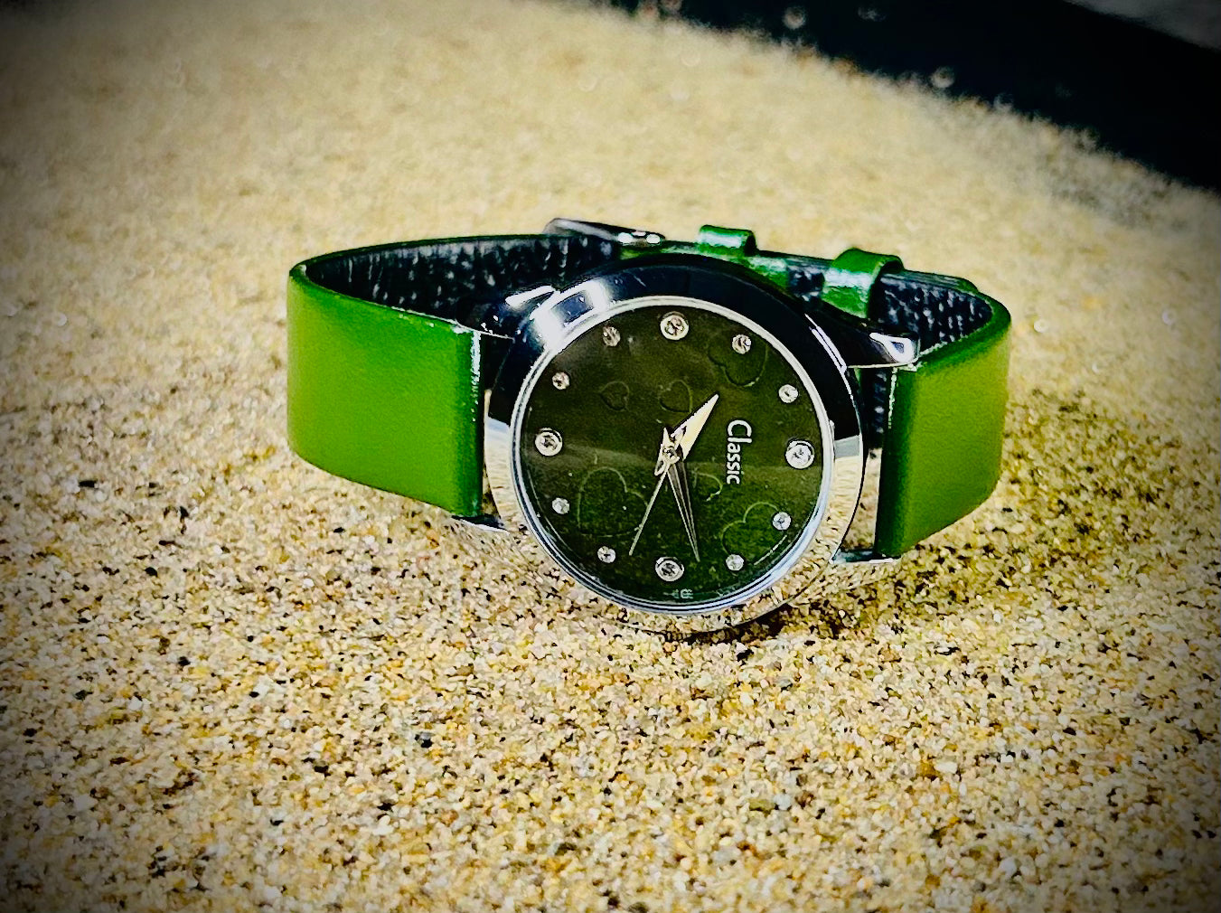 Classic Workwear Studded Green Dial Analog Strap Watch for Women