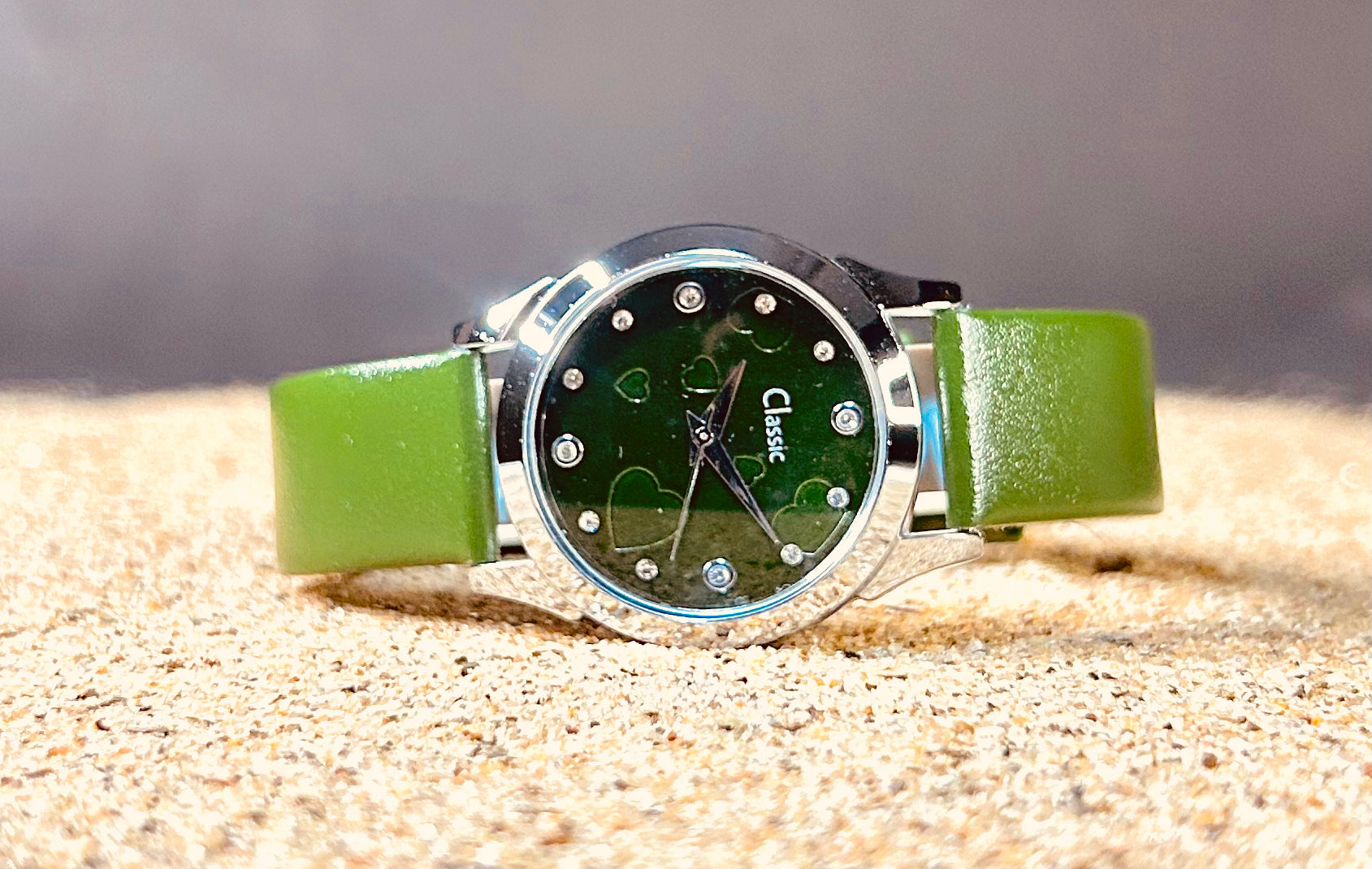 Classic Workwear Studded Green Dial Analog Strap Watch for Women