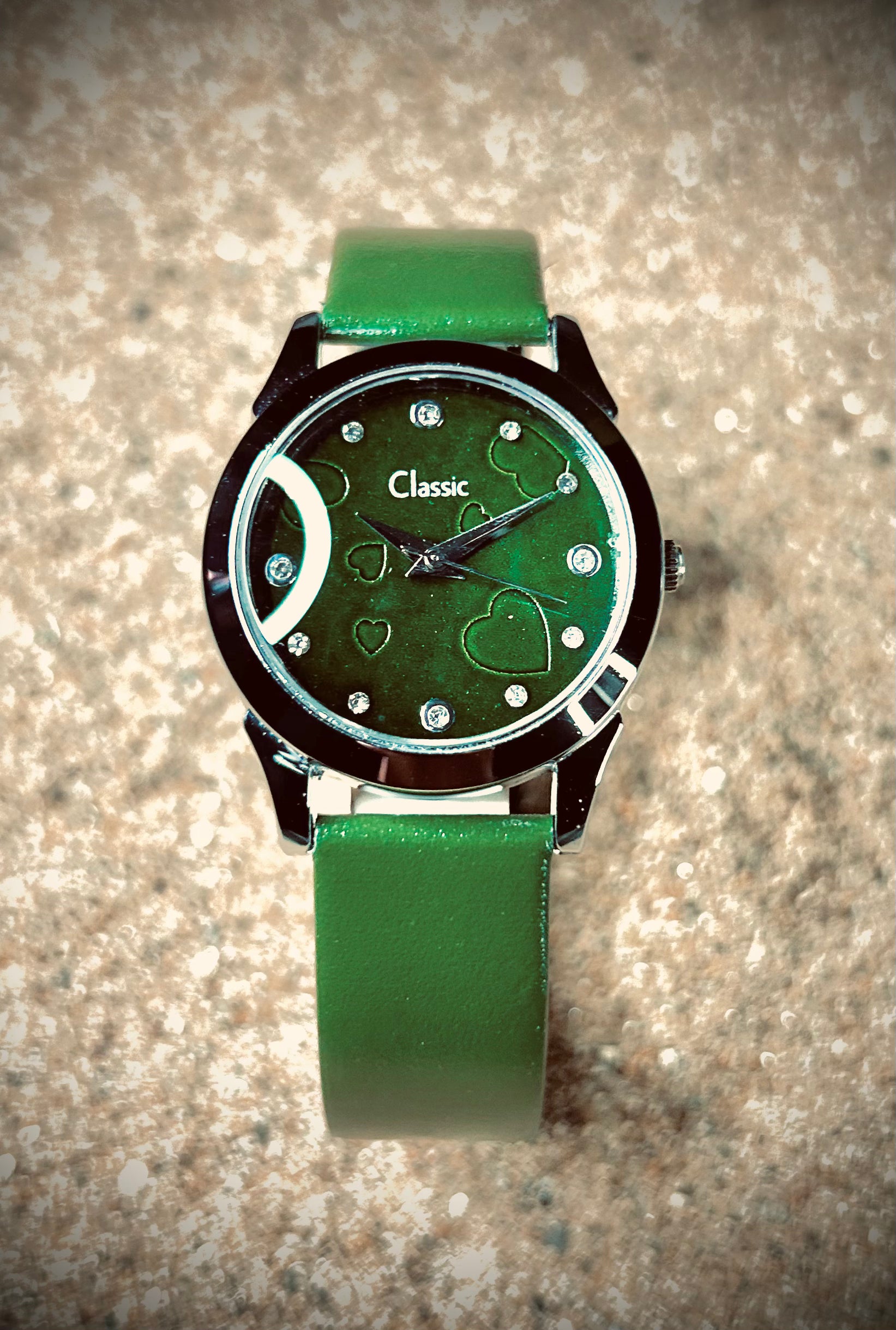 Classic Workwear Studded Green Dial Analog Strap Watch for Women